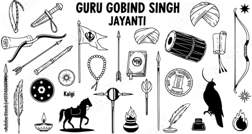 Guru Gobind Singh Jayanti Sketch Set: Collection of Sikhism symbols including Khanda flag, kirpan, turban, bow, baaz, horse, and religious artifacts. Hand-drawn cultural elements.