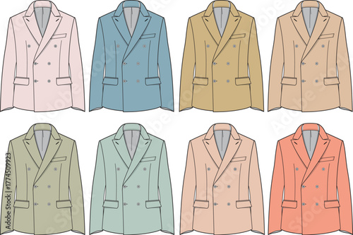 Collection of colorful double-breasted jackets featuring various pastel shades for fashion design and apparel