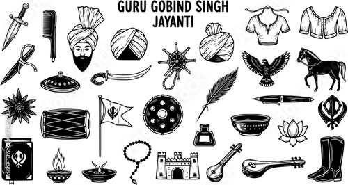 Vector illustrations of Guru Gobind Singh Jayanti and Sikh culture symbols, objects, and historical elements