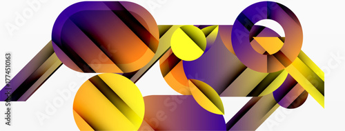 Abstract shapes overlap, creating vibrant color gradients. Yellows, oranges, purples dominate composition. Modern design elements present.