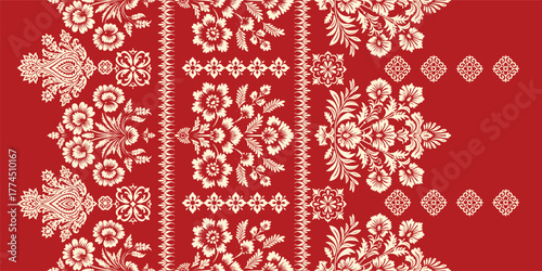 floral pattern vintage ethnic modern embroidery texture boho design vector illustration hand drawn pink flower motif branches leaves wallpaper seamless background border.	