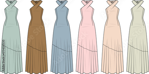 Collection of elegant maxi dresses with criss-cross halter neckline. A women's formal gown fashion flat technical sketch set in multiple color variations
