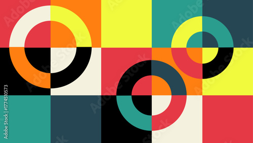 Dynamic Colorful Circle Composition On Geometric Block Vector Design Background