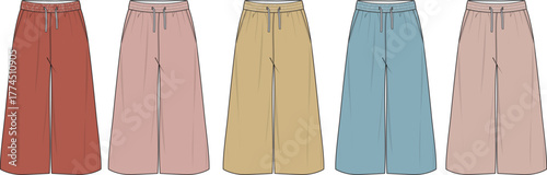 Vector illustration collection of women's wide-leg trousers with a drawstring waist. Casual and comfortable apparel fashion technical flat sketch template in various colors