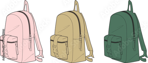 Collection of versatile minimalist backpack illustrations in various colors, perfect for depicting travel adventures, urban commutes, school essentials, and everyday lifestyle accessories