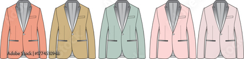 Men's classic blazer fashion flat sketch set in a pastel color palette. Vector illustration template for apparel design and clothing manufacturing