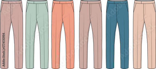 Vector illustration collection of classic trousers in a variety of pastel colors, a technical flat sketch for fashion apparel design and manufacturing