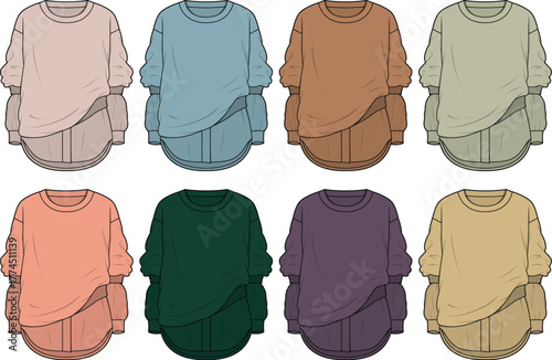 Vector fashion flat sketches of women's oversized long-sleeve tunic tops with layered hems, presented in various modern colors for apparel design