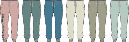 Collection of seven pairs of jogger sweatpants in various pastel colors, flat lay product design