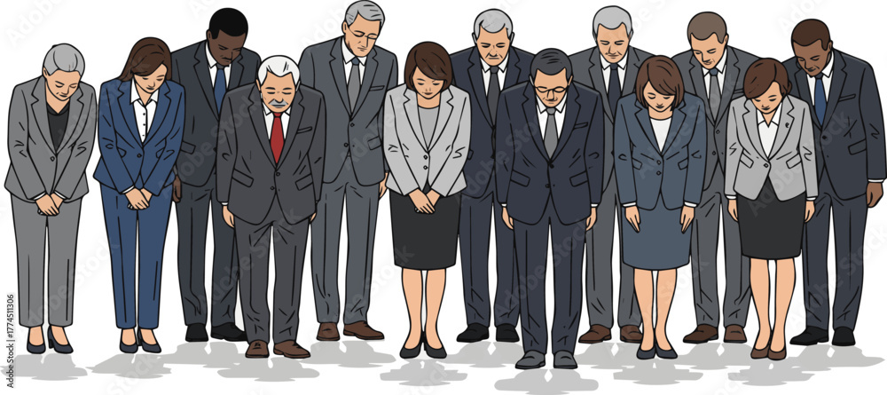 Create a kinds of deferent Simple vector illustration of men and women in suits bowing vector art with white background..