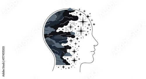 Abstract human head silhouette filled with dark clouds and sparkling stars representing thoughts and imagination, Generative AI.
