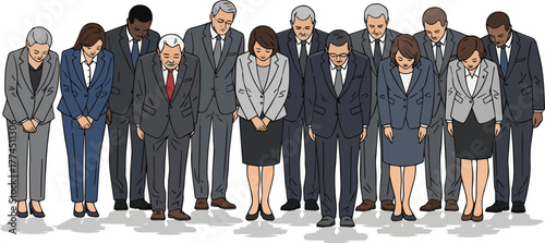 Create a kinds of deferent Simple vector illustration of men and women in suits bowing vector art with white background..
