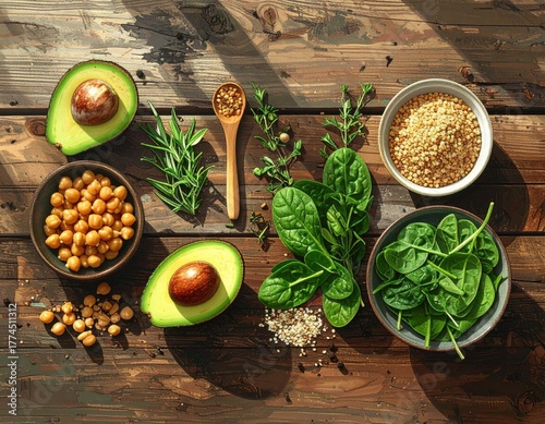Overhead View of Healthy Food Ingredients on Rustic Wooden Table