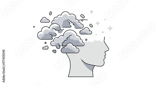 Abstract Representation of a Human Head Filled with Clouds, Generative AI.