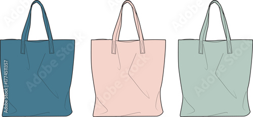 A set of simple and stylish reusable shopper bags, illustrated in different colors for eco-conscious lifestyle concepts