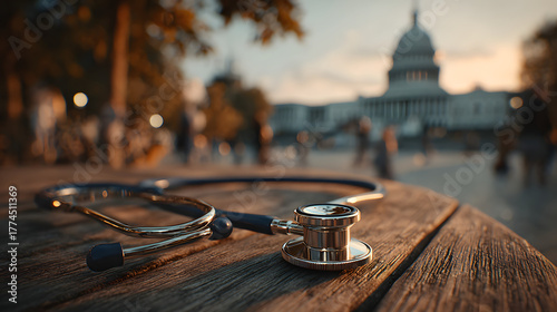 Stethoscope on desk with U.S. Capitol in background symbolizing American healthcare system, health policy, government reform, medical legislation, and public health debate