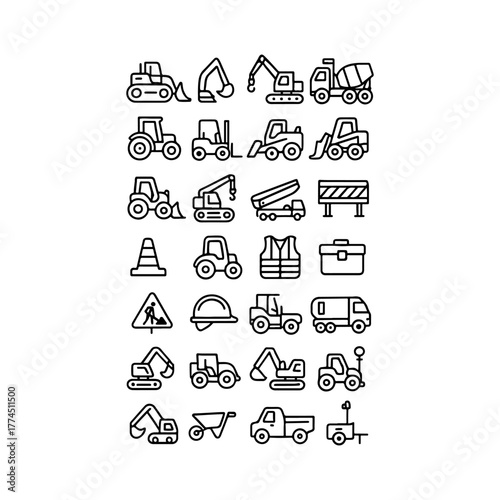 Collection of hand drawn construction vehicle icons and symbols