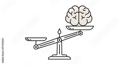 Brain on a scale representing mental balance and cognitive health, Generative AI.