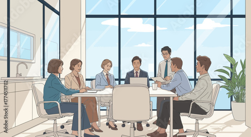 A diverse group of professionals in business attire are gathered around a conference table in a modern office meeting room, discussing plans.