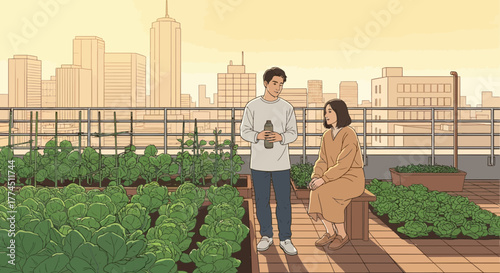 A couple enjoys a quiet moment on a rooftop garden overlooking a city skyline at sunset.
