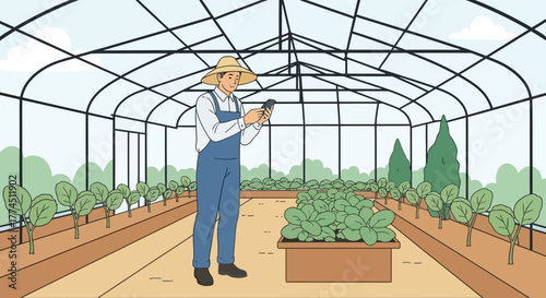 A farmer in overalls and a straw hat uses a smartphone to monitor crops inside a greenhouse.