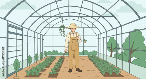 A farmer tending to plants inside a greenhouse, using a rake for gardening.