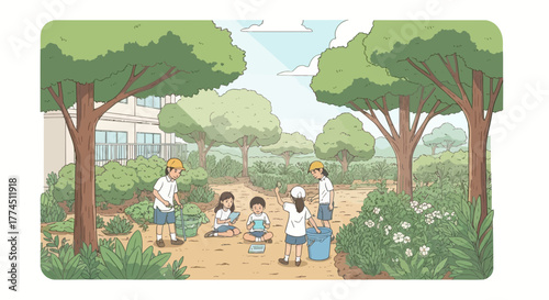 A group of Japanese elementary school children in uniforms enjoying an outdoor nature activity in a lush green park.