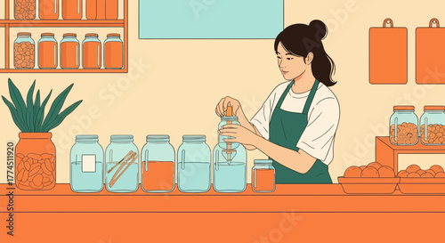 A woman in an apron is carefully pouring liquid into a glass jar at a counter filled with various jars and produce.