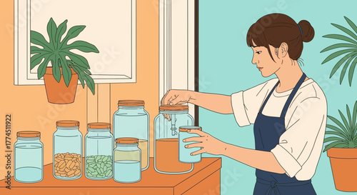 A woman in an apron pouring liquid from a large dispenser into a smaller jar on a counter with other jars and plants.