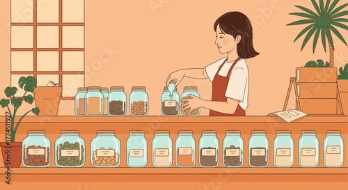Illustration of a woman in a zero waste shop filling a jar with goods from a shelf of bulk items.
