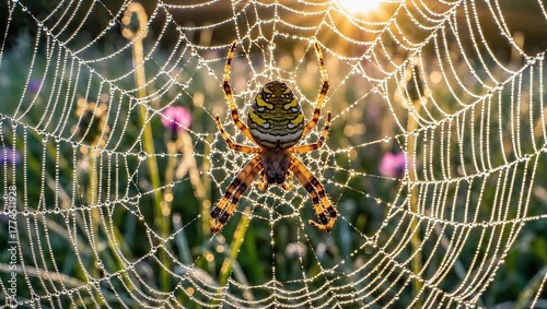 Spider on Dew Covered Web in Golden Morning Sunlight