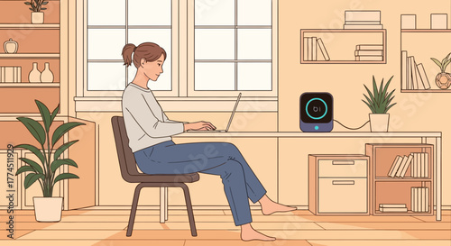 A woman works on her laptop at a desk in a modern home office with an air purifier and house plants.