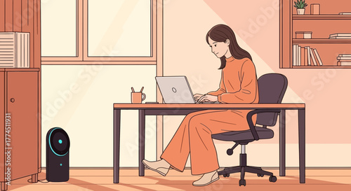 A woman in an orange outfit works on her laptop at a desk in a sunlit room, with an air purifier nearby.