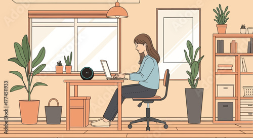 An illustration of a young woman working on her laptop at a wooden desk in a cozy home office filled with various potted plants and a bookshelf.