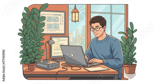 An illustration of a man with glasses working diligently on his laptop at a desk, surrounded by potted plants, with a city view outside his window.