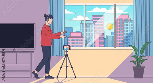 Illustration of a person recording a video in an apartment with a city view.