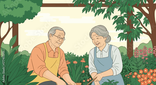 An elderly couple enjoys gardening together in a vibrant and flourishing outdoor space.