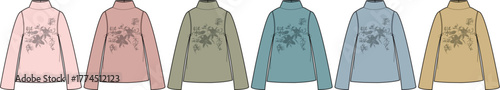 A colorful set of women's long-sleeve high-neck sweaters with a floral embroidery design, shown as a fashion technical flat template for apparel