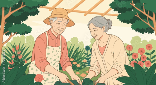 An elderly Asian couple happily tending to plants together in their lush, vibrant garden.
