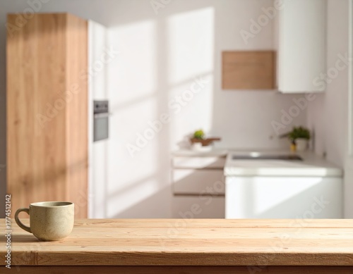 Rustic Kitchen Scene with Coffee Cup on Wooden Table, Soft Focus Background