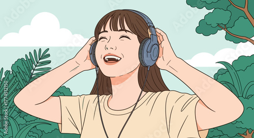 Happy young woman enjoying music with headphones outdoors in a natural setting.