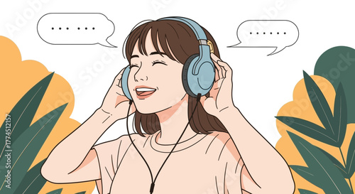 Illustration of a woman listening to music with headphones, eyes closed, smiling, with speech bubbles and plants in the background.