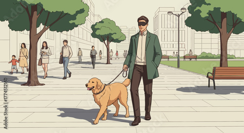 A visually impaired man with his golden retriever guide dog walking on a sidewalk in a modern city park.
