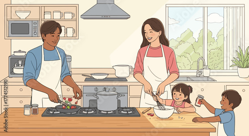 A family is cooking together in a bright and well-lit kitchen.