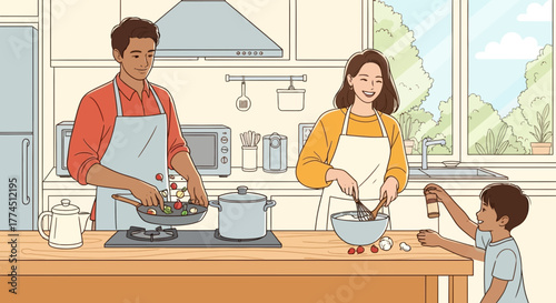 Happy family with parents and child cooking a healthy meal together in a modern kitchen.