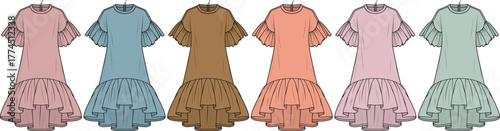 Fashion design technical flat sketch of a boho-style tiered ruffle hem dress with short flutter sleeves, presented in multiple colorways for apparel