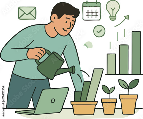 A man holding a watering can, growing bar charts out of flowerpots