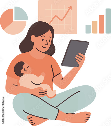 A young woman learning marketing analytics on her tablet while babysitting