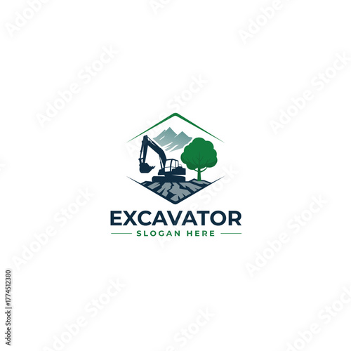 Excavator Construction Logo with Mountain and Tree