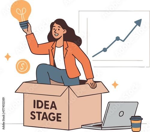 A businesswoman launching a startup from a cardboard box as a metaphor for bootstrap beginnings